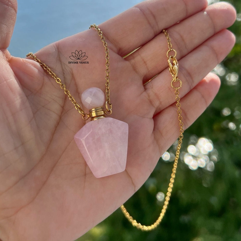 Rose Quartz Perfume Bottle Necklace | Gold Plated Stainless Steel | Crystal Vial